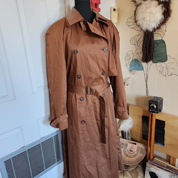Vintage 80s 90s double breasted dark brown trench coat with leather - Picture 3 of 8
